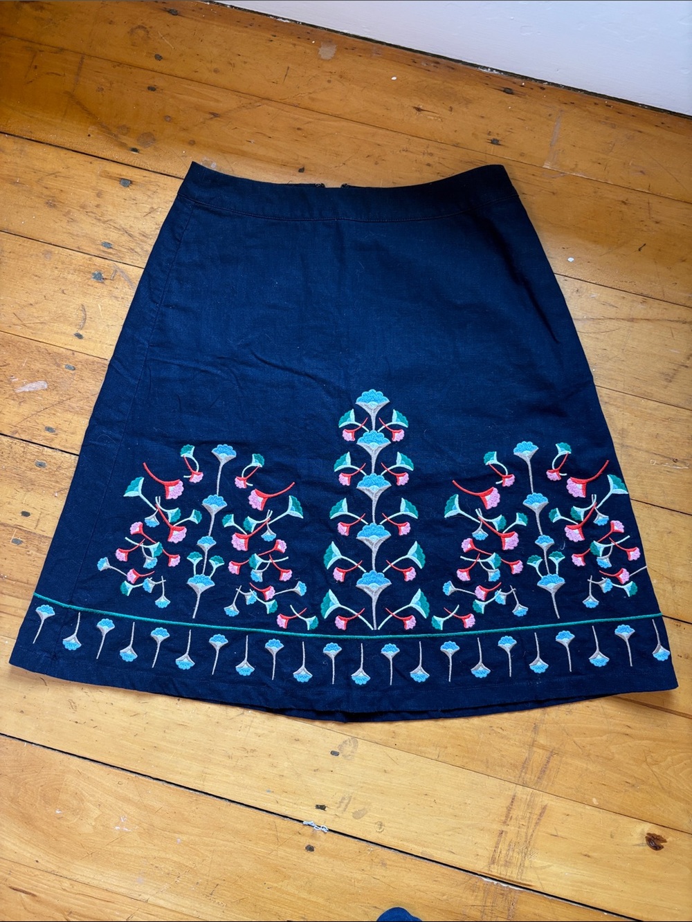 Boden Navy A-Line Skirt with Turquoise and Coral Floral Embroidery